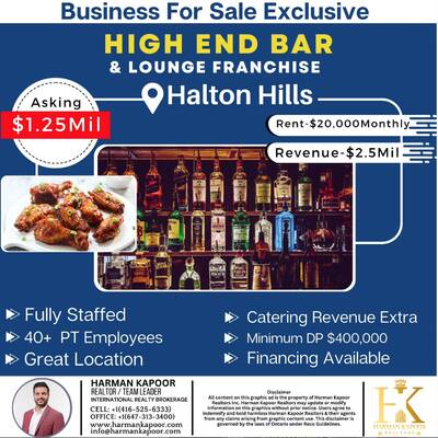 High Volume Franchised Bar & Lounge For Sale - Halton Hills